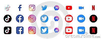 Instagram, Facebook, Twitter, TikTok, Zoom, Youtube, Messenger, Netflix - popular social media, messaging and internet service, Vector Illustration