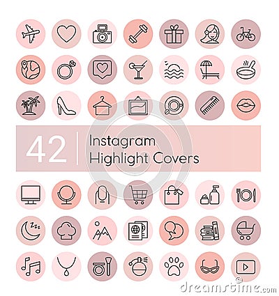 Instagram highlight vector illustration icons set, social media instagram collection of pink flat line covers for female Vector Illustration