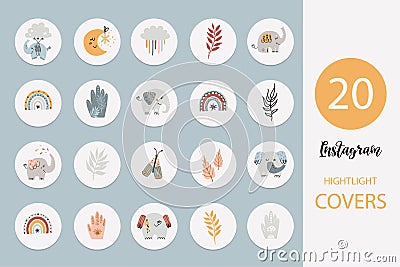 Instagram highlights cover icon set with bohemian elephants and items Vector Illustration