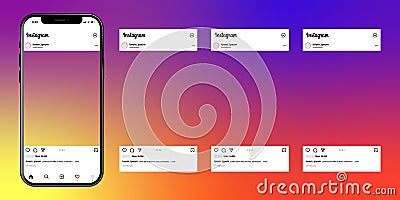 Instagram mobile app interface template on Apple Iphone mockup. Photo carousel pages template on isolated background. Editorial Vector Illustration