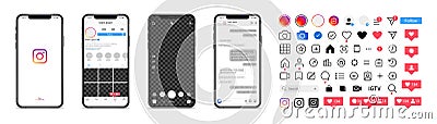 Instagram. Instagram mobile App interface template on Apple Iphone mockup. Mobile ui social speech bubbles. Editorial vector Cartoon Illustration