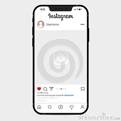Instagram mockup. Interface template on Apple iPhone. Screen interface. Instagram application, template. Instagram photo frame. Vector Illustration