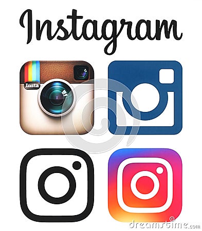 Instagram old and new logos and icons printed on white paper Editorial Stock Photo