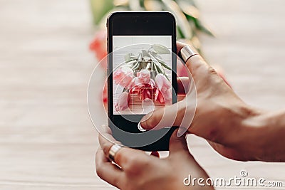 Instagram photographer blogging workshop concept. hand holding p Stock Photo