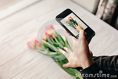 Instagram photographer, blogging workshop concept. hand holding Stock Photo