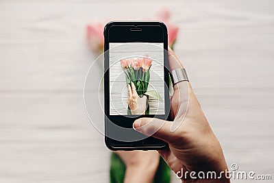 Instagram photographer, blogging workshop concept. hand holding Stock Photo
