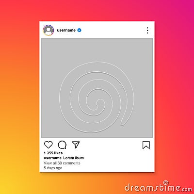 Instagram post feed frame mockup template on the background of Instagram color, instagram notification icons, instagram user Vector Illustration