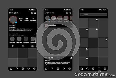 Instagram profile dark interface template. Design of mobile app UI, UX, GUI. Set of screens home page, profile, search. Template Vector Illustration