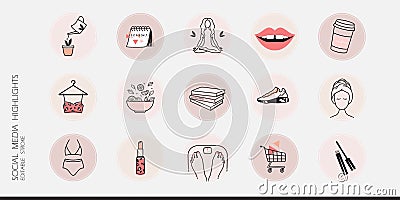 Instagram social media highlight cove icons or stickers for beauty, makeup, fashion lifestyle branding Vector Illustration