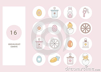 Instagram spring stories highlights. Icons of easter items Vector Illustration