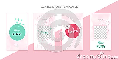 Instagram story template set with grunge splashes and watercolor stain. Vector Illustration