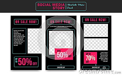 Instagram story template vector for social media promotion sale discount neon pink blue midnight shop style Vector Illustration