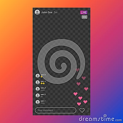 Instagram stream interface. Social media live streaming service, mobile app frame UI, live video. Vector stories UI Vector Illustration