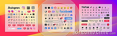 Instagram, Tik Tok, Facebook button icon. Set screen social media and social network interface template. Stories user Vector Illustration