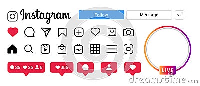 Instagram UI icons set. Instagram social network app interface icons template. Like, comment, follow, live, IGTV, shop, Vector Illustration