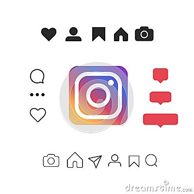 Instagram Vector icons Set of social media. Pictogram like, follower, comment, home, camera, user, search on white background Editorial Stock Photo