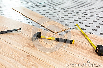 Instalation of new wooden floor Stock Photo