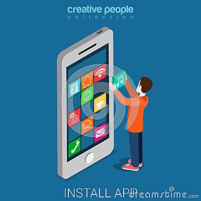 Install download get mobile app flat 3d isometric vector Vector Illustration