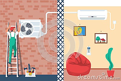 Installation of air conditioner. Repairman character installing home cold ventilation. Vector Illustration