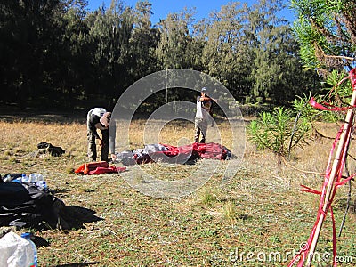 Installation of camping tents on the Argopuro mountain trail Editorial Stock Photo