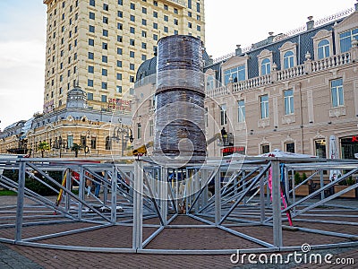 Installation of a city tree. Base for a large Christmas tree Editorial Stock Photo