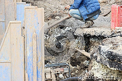 Installation of metal structures - immediate support for draining soil at the construction site of the road in marshland Stock Photo