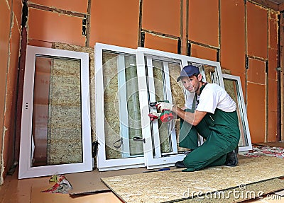 Installation of plastic windows Stock Photo