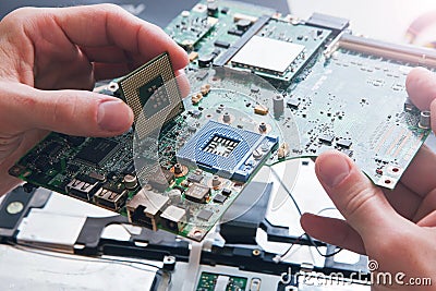 Installation of processor in CPU socket Stock Photo