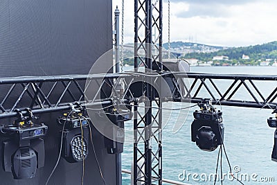 Installation of professional sound, light, video and stage equipment for a concert Stock Photo