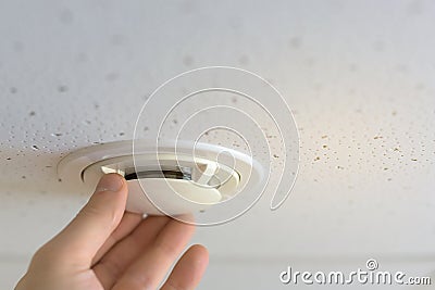 Installation of a smoke detector on the ceiling in the room. Stock Photo