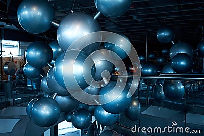 Installation of stylish connected silver balls decoration modern interior in science museum Editorial Stock Photo