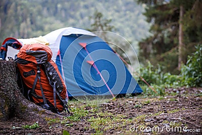 Installed tourist tent in a camping in nature in the forest. Domestic tourism, active summer holidays, family adventures. Stock Photo