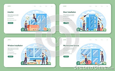 Installer web banner or landing page set. Worker in uniform installing window Vector Illustration