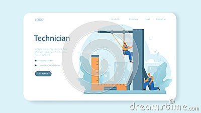 Installer web banner or landing page. Worker in uniform installing constructions Vector Illustration