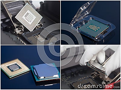 Installing CPU on motherboard.Computer Upgrade. Stock Photo