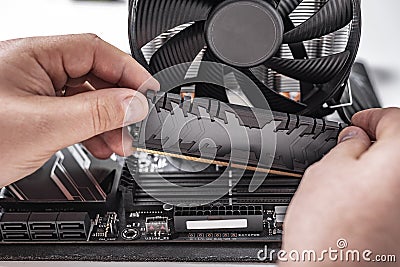 Installing random access memory into PC. Stock Photo