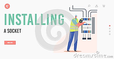Installing Socket Landing Page Template. Electrician Worker Examine Working Draft or Measure Voltage at Dashboard Vector Illustration