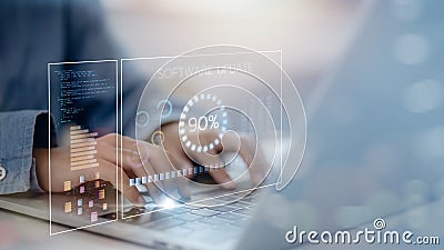 Installing update process. Software updates or operating system upgrades to keep your device up to date with enhanced Stock Photo