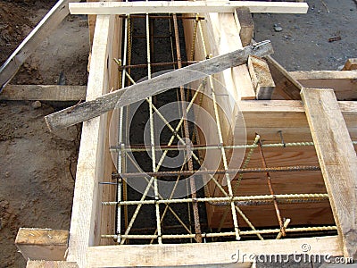 Installing wooden forms for pouring the Foundation concrete trench reinforced with reinforcement made of fiberglass Stock Photo