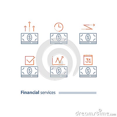 Installment payment, calendar payment day, time period, money bundle financial transfer, loan approval, annual dividends Vector Illustration