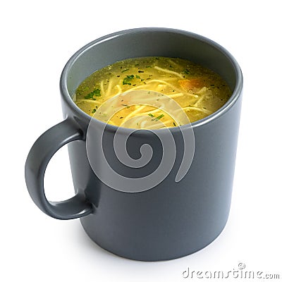 Instant chicken noodle soup in a grey ceramic mug isolated on white Stock Photo