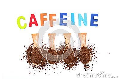 Instant coffee in wooden spoon with word caffeine Stock Photo