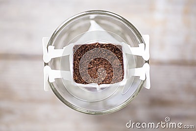 Instant freshly brewed cup of coffee, drip bag coffee Stock Photo