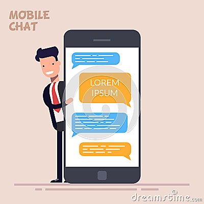 Instant messaging service. Happy businessman or manager is standing near a large phone or smartphone. Messaging service Vector Illustration