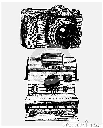 Instant and modern Photo camera vintage, engraved hand drawn in sketch or wood cut style, old looking retro lens Vector Illustration