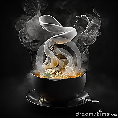 Instant noodle soup in black bowl with smoke on black background. Stock Photo