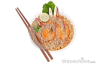 Instant noodles Tom Yam Kung has chopsticks and fresh shrimp. On a white background Stock Photo