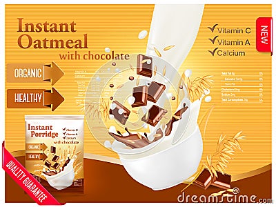 Instant oatmeal with chocolate advert concept. Milk flowing into Vector Illustration