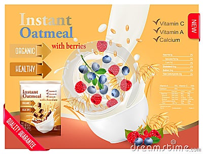 Instant oatmeal with raspberry and blueberry advert concept Vector Illustration