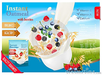 Instant oatmeal with strawberry advert concept. Vector Illustration
